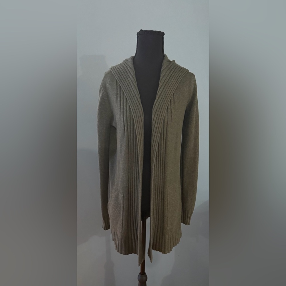 Cyrus Olive Green Hooded Ribbed Open Cardigan Sweater